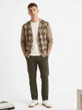 VINTAGE 70s Argyle Indie Grunge Grandpa Tan Brown Cardigan Sweater M/L